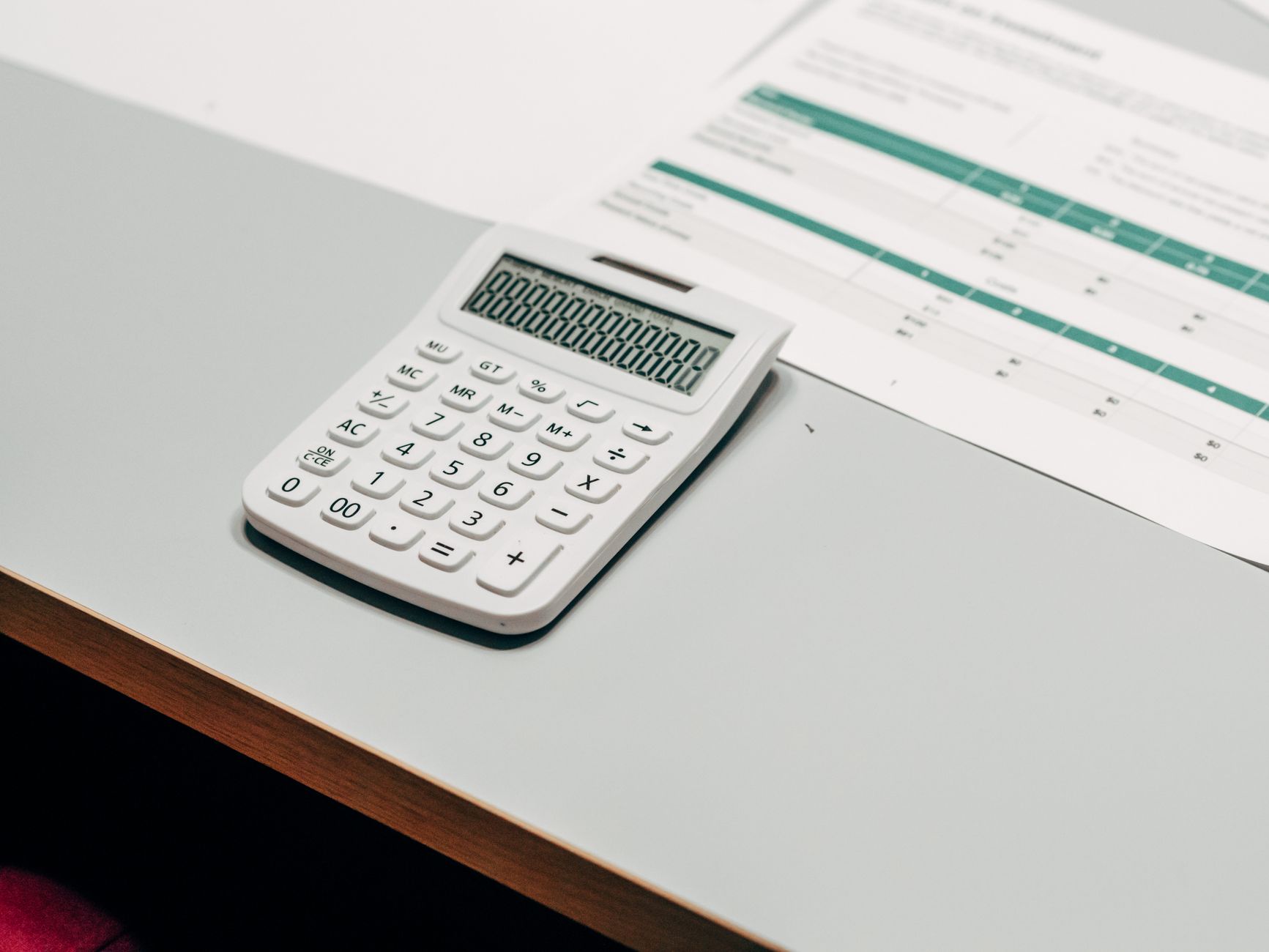 A calculator and papers on a desk, used to work out a Google Ads budget based on cost per acquisition