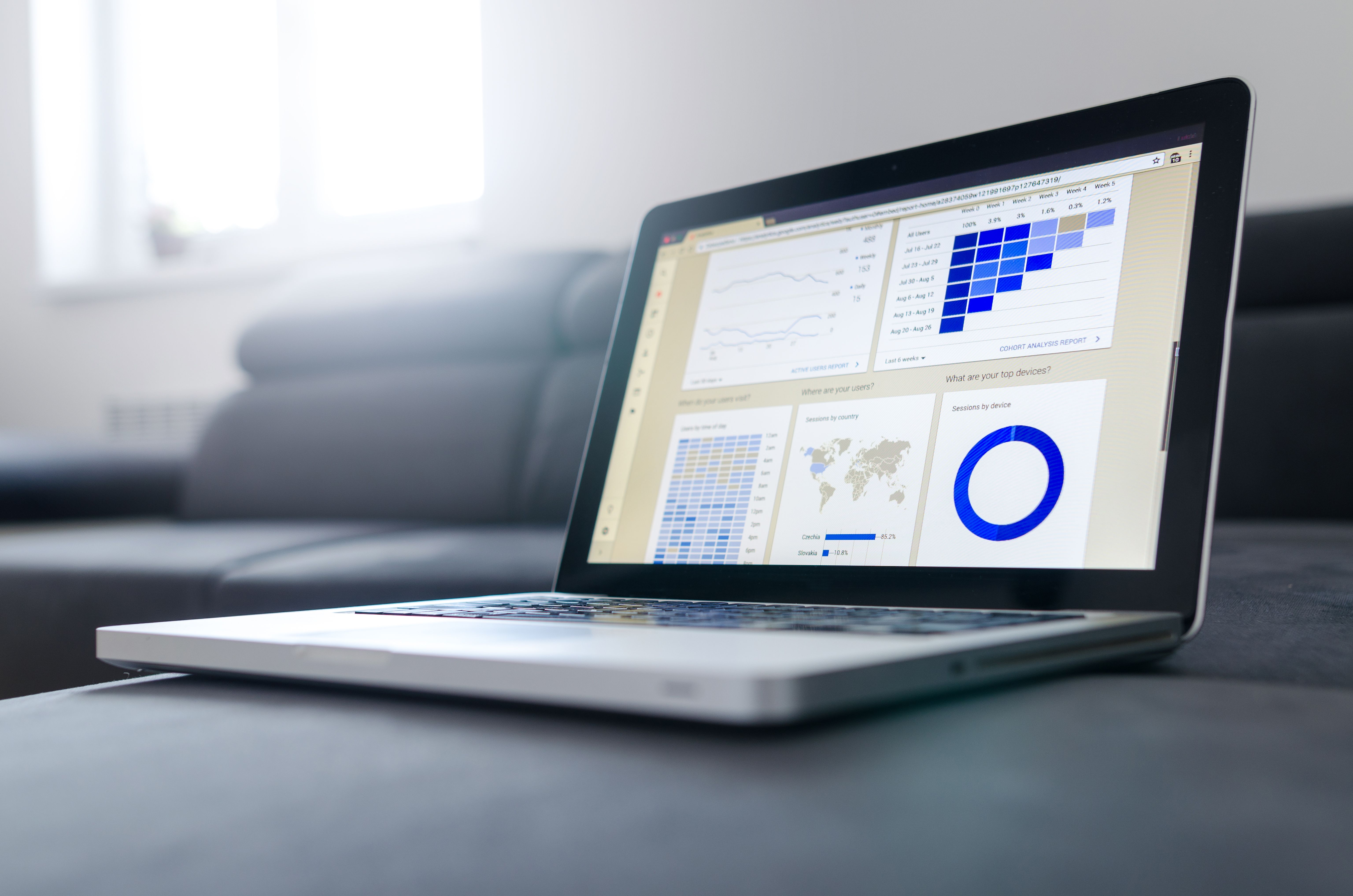 A laptop displaying an analytics dashboard with charts and cohort data, similar to reviewing a Search Terms report before adding negative keywords