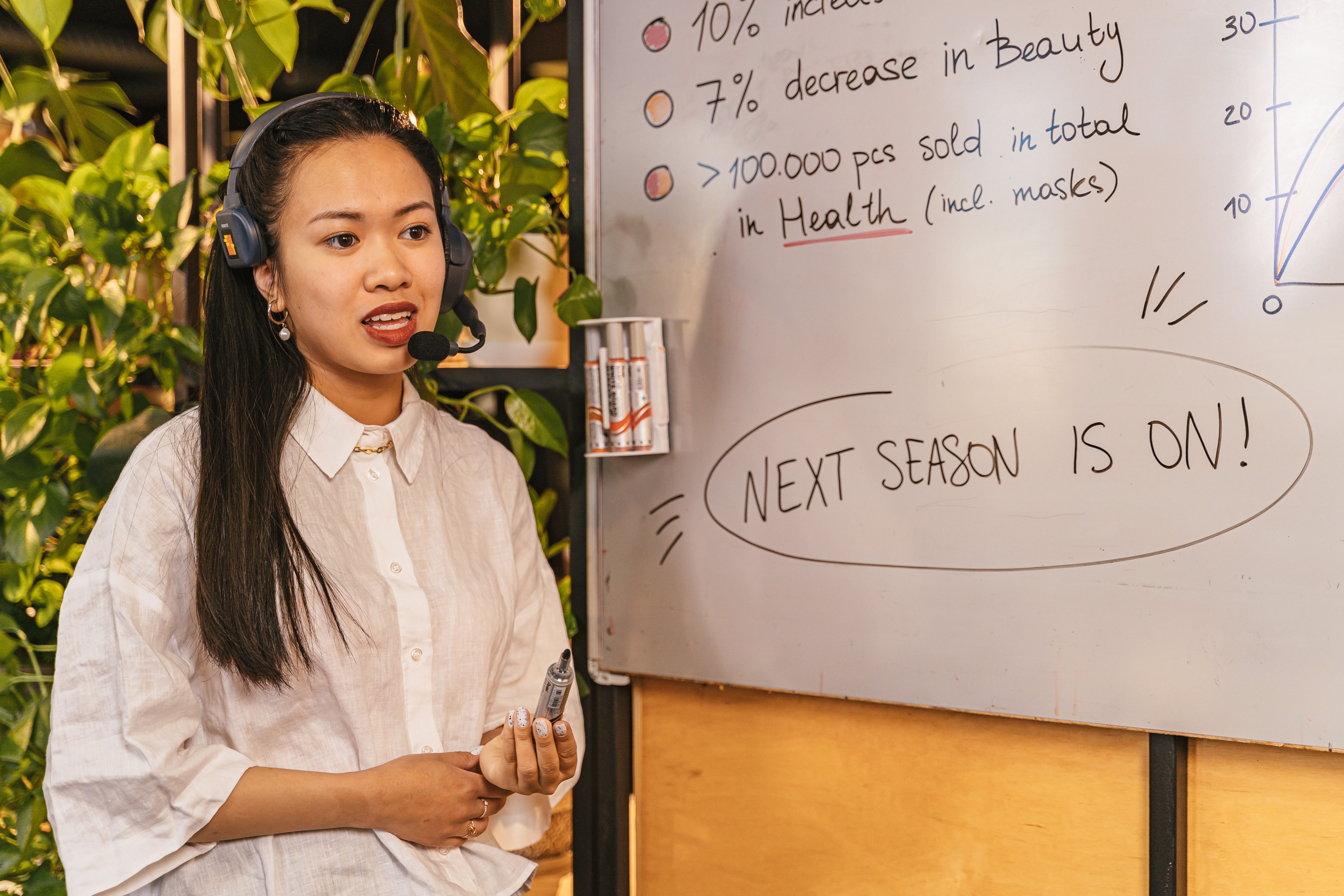 A sales rep presenting quarterly numbers on a whiteboard during a sales team meeting