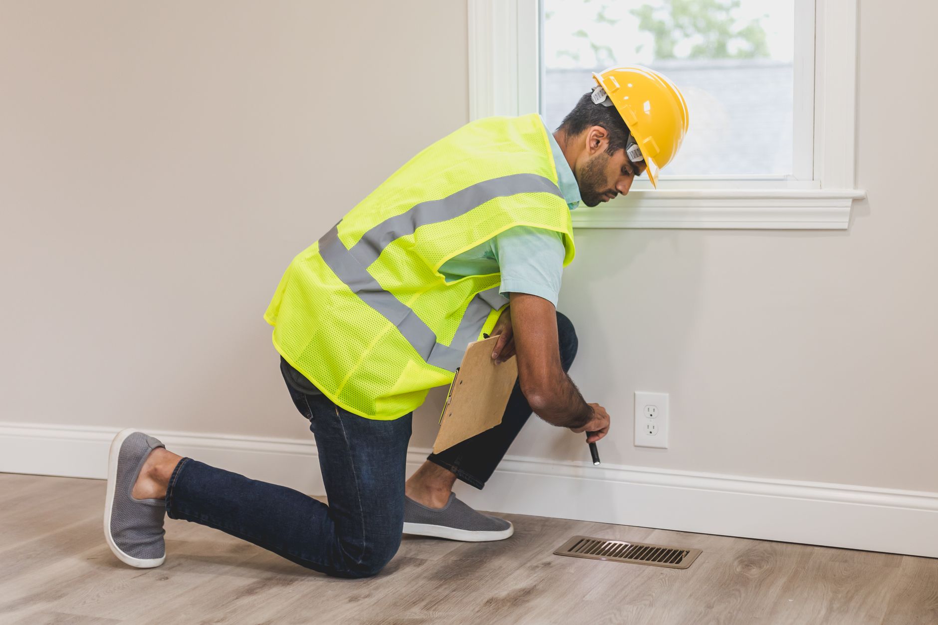 A technician checking the floor of a house for signs of a pest problem during a home inspection