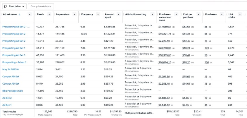Meta account — 97 lifetime campaigns, $11,982.36 spent, 1.3M impressions. The three top-spending campaigns account for ~90% of spend and $94,701 in tracked purchase value.